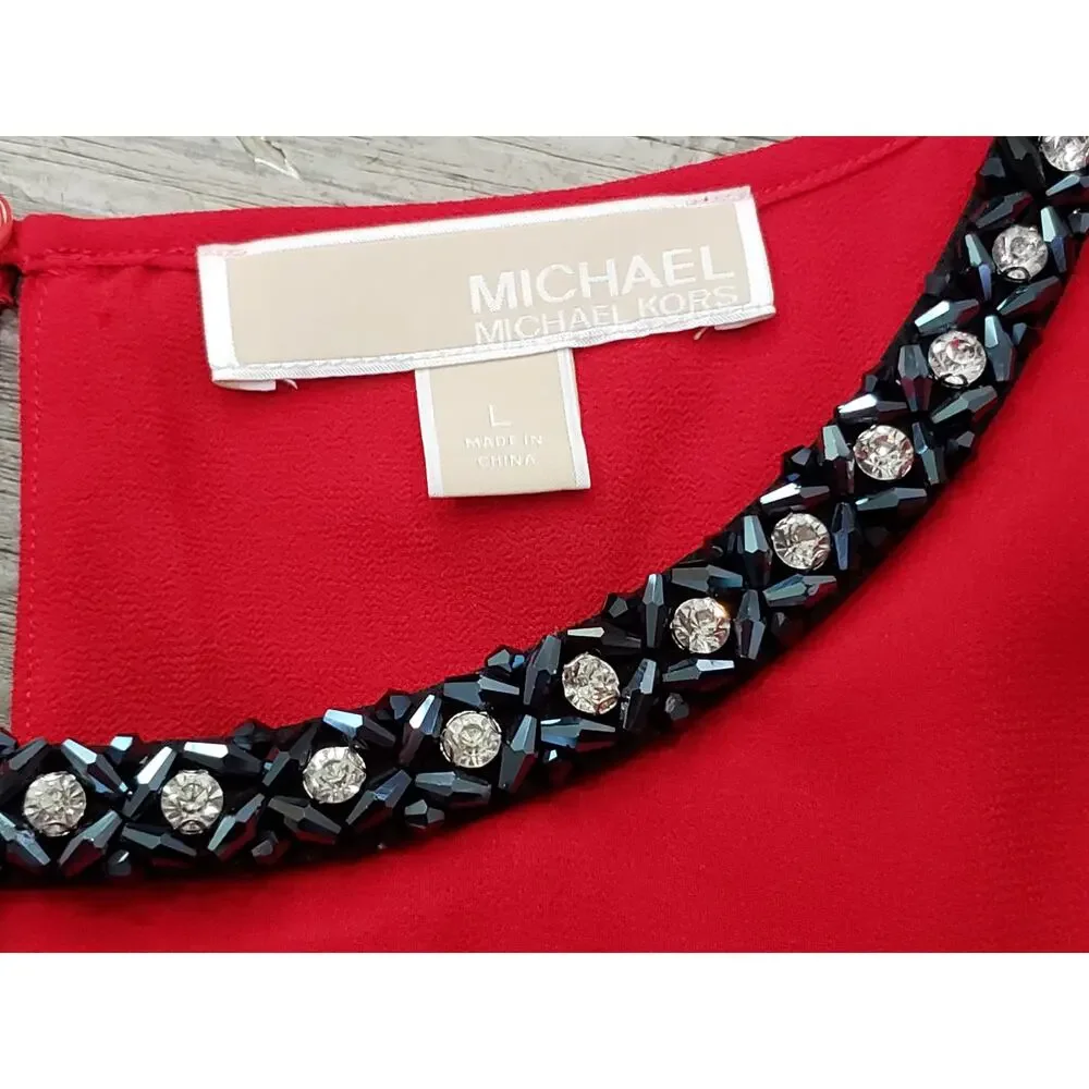 Michael Kors Red Long Sleeve Cold Shoulder Beaded Crew Neck Blouse Shirt Top